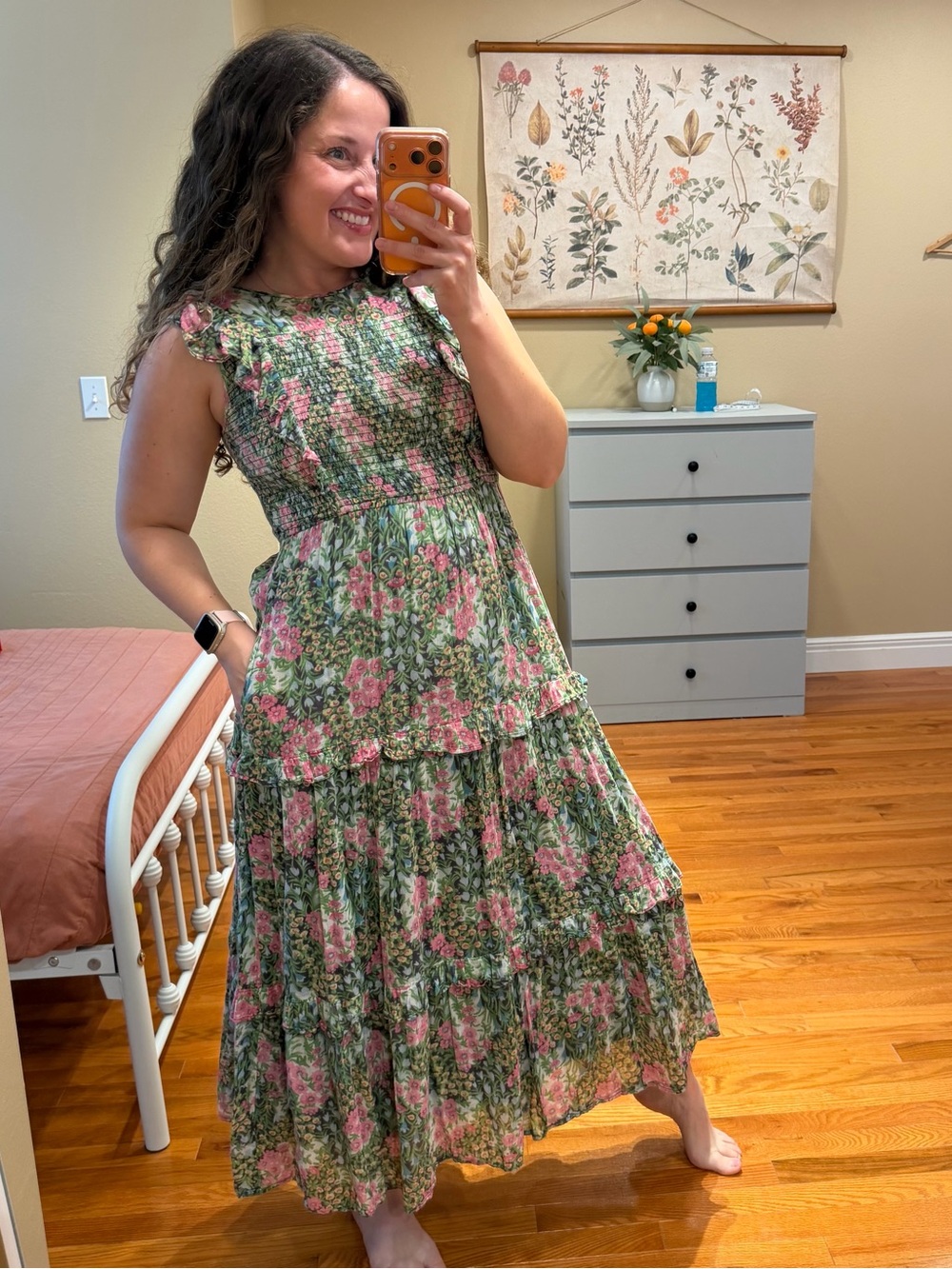 Banjanan Iris Garden Cotton Floral Smocked Tiered Maxi Dress - Green & Pink L